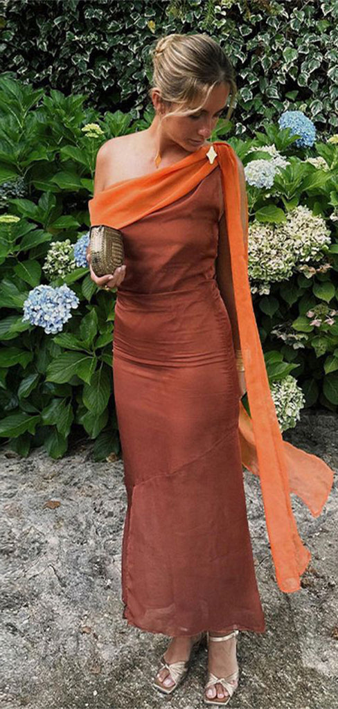 Elegant Burnt Orange One-Shoulder Mermaid Popular Long Evening Dresses, Formal Dresses, Birthday Party, WGP634