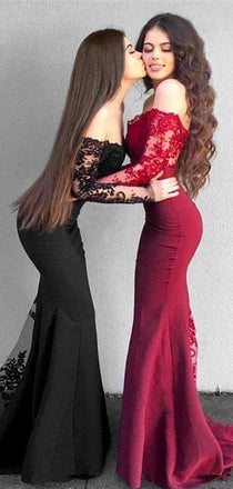 Sexy Black Long Sleeve Mermaid Lace Applique Long Prom Dress Ideas, Evening Party Dresses,WGP1687