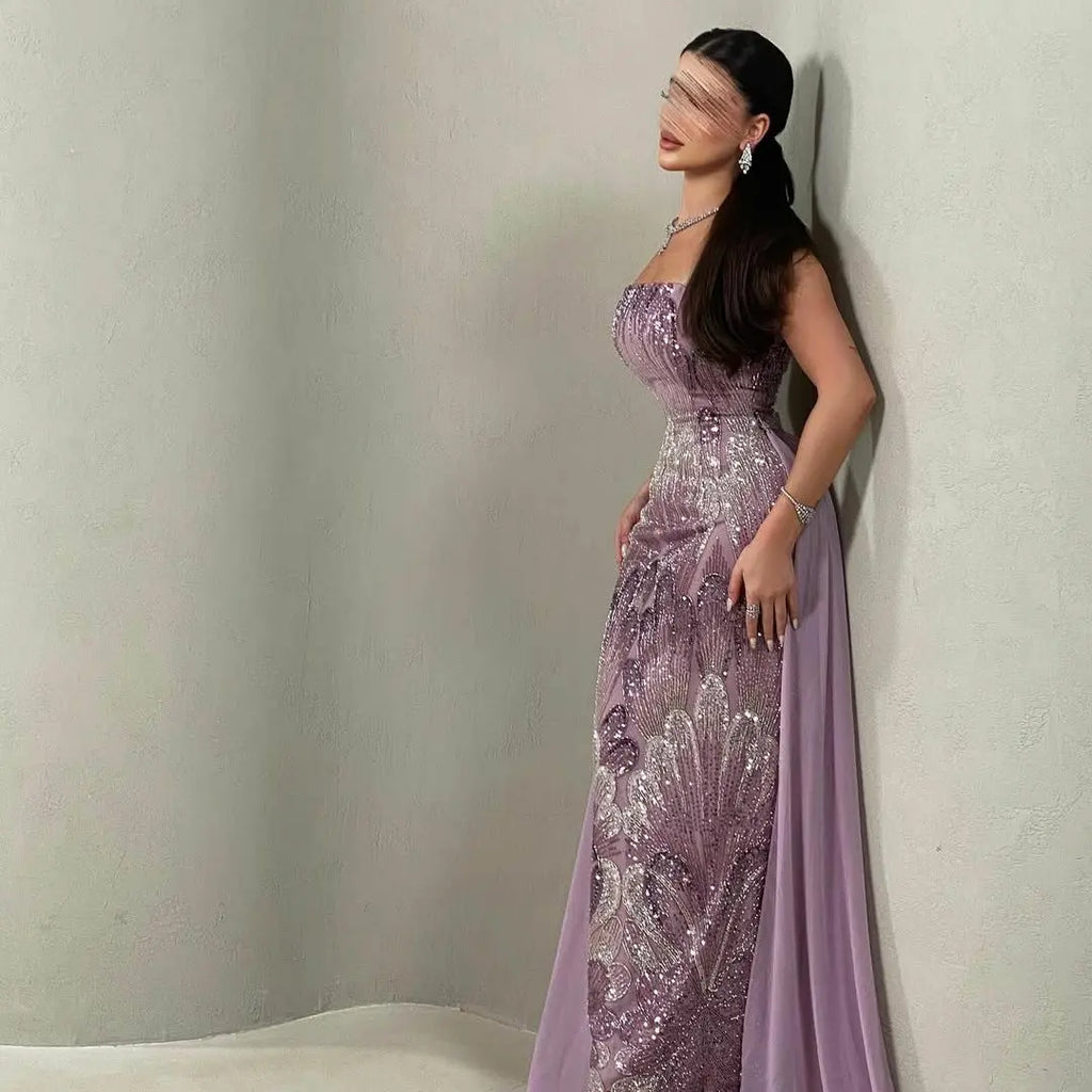 Sparkly Purple Sweetheart Applique Long Sleeve Mermaid Long Prom Dress Ideas, Evening Party Dresses,WGP1755