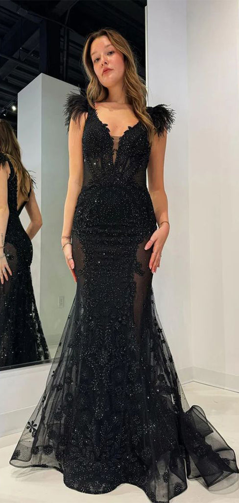 Sexy Black Mermaid Off-Shoulder Lace Long Sleeve Popular Long Evening Dresses, Formal Dresses, Birthday Party, WGP649