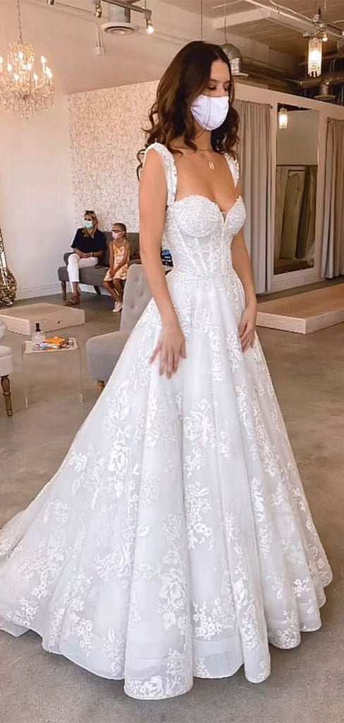 Romantic Lace Strapless A-Line Long Sleeve With Trailing Flower Lace Popular Bridal Long Wedding Dresses, WDH156