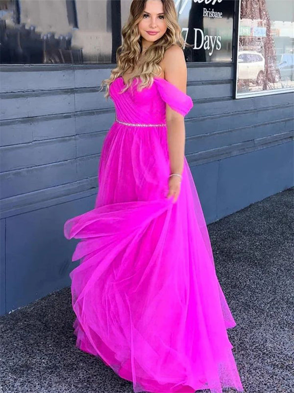 Elegant Pink Off-Shoulder A-Line Long Sleeve Popular Long Evening Dresses, Formal Dresses, Birthday Party, WGP661