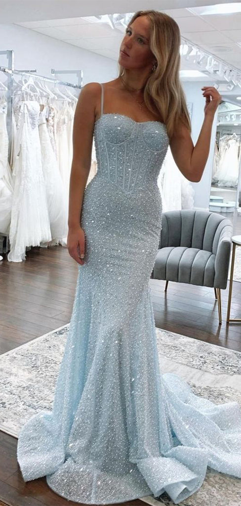 Elegant Baby Blue Spaghetti Strap Mermaid Long Sleeve Popular Long Evening Dresses, Formal Dresses, Birthday Party, WGP667