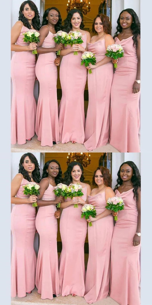 Elegant Pink Mermaid Spaghetti Straps Maxi Long Bridesmaid Dresses Online, WGM159