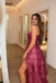 Bold Pink Organza High Slit Prom Gown Strapless Tiered Ruffle Party Dress,WGP2204