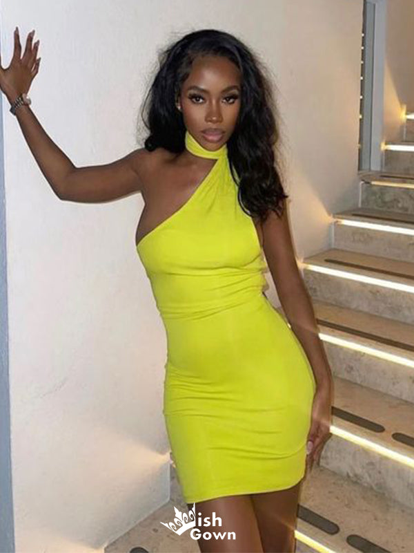 Sexy Lime Green Halter Mermaid One-Shoulder Sleeveless Popular Cheap Short Homecoming Dresses, Birthday Party EPT226