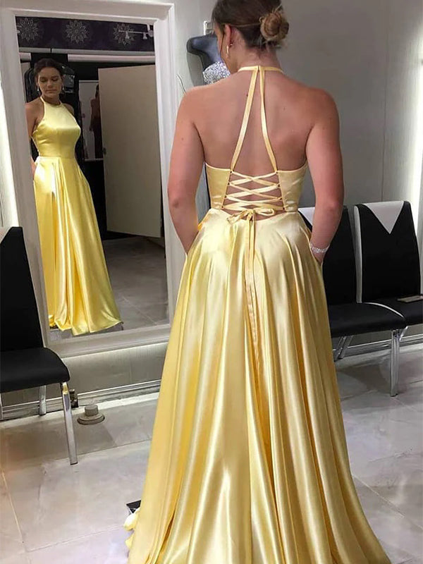 Elegant Yellow Halter A-Line Long Sleeve Popular Long Evening Dresses, Formal Dresses, Birthday Party, WGP687