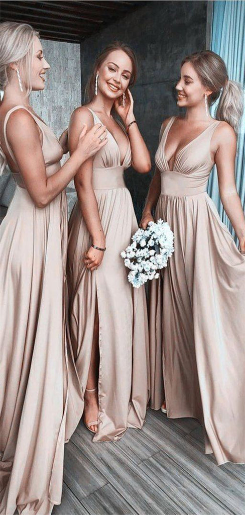 Elegant Champange A-Line V-Neck Side Slit Sleeveless Halter Strap Wedding Guest Bridesmaid Dresses,WGM367