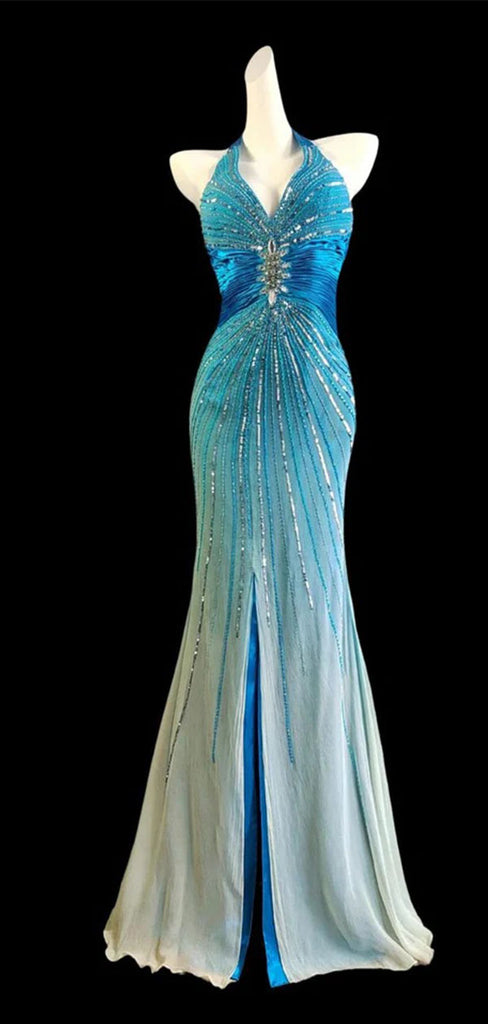 Unique Blue V-Neck Mermaid Long Prom Dress Ideas, Evening Party Dresses,WGP1895