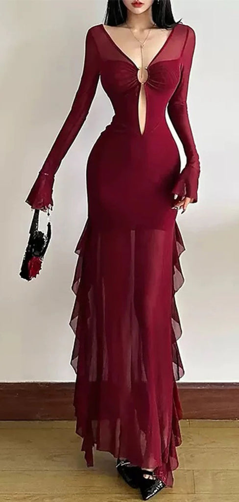 Sexy Red V-Neck Long Sleeve Mermaid Long Prom Dress Ideas, Evening Party Dresses,WGP1667