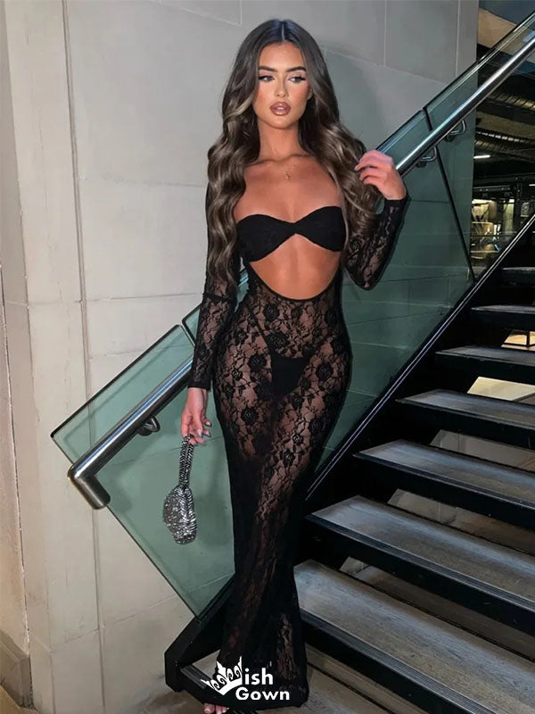Sexy Black Lace Long Sleeve Mermaid Long Prom Dress Ideas, Evening Party Dresses,WGP1942