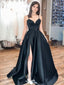 Elegant Black Spaghetti Strap A-Line Side Slit Long Sleeveless Popular Long Evening Dresses, Formal Dresses, WGP708