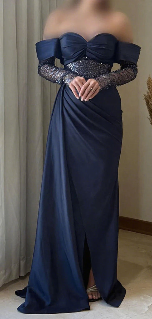 Unique Blue Off-Shoulder Mermaid Long Prom Dress Ideas, Evening Party Dresses,WGP1781