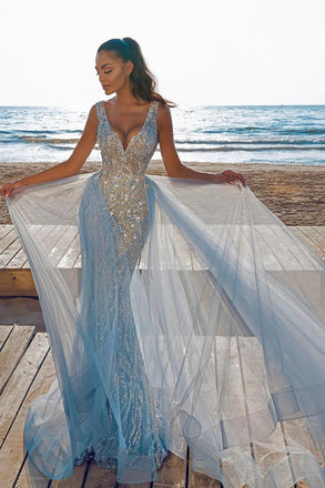 Sparkly Blue V-Neck Mermaid Long Prom Dress Ideas, Evening Party Dresses,WGP1967