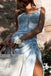 Elegant Blue Floral Print Spaghetti Strap Mermaid Side Slit Long Prom Dress Ideas, Evening Party Dresses,WGP1875