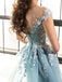 Elegant Blue Mermaid V-Neck Off Shoulder Lace Appliques Long Formal Prom Dresses,Evening Gowns,WGP329