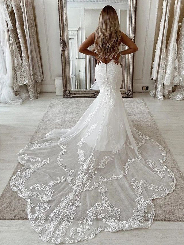 Romantic Lace Halter Mermaid Long With Trailing Flower Lace Popular Bridal Long Wedding Dresses, WDH158