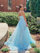 Elegant Light Blue A-Line Spaghetti Straps Side Slit Long Maxi Prom Dresses,Evening Gowns,WGP375