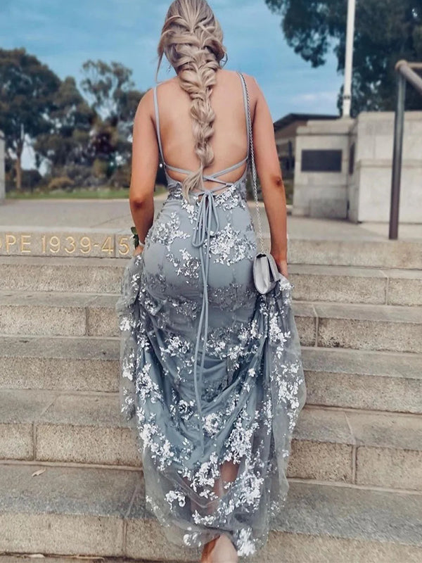 Sexy Gray Mermaid Spaghetti Strap Backless Long Sleeveless Long Party Prom Dresses,Evening Dress Online, WGP753