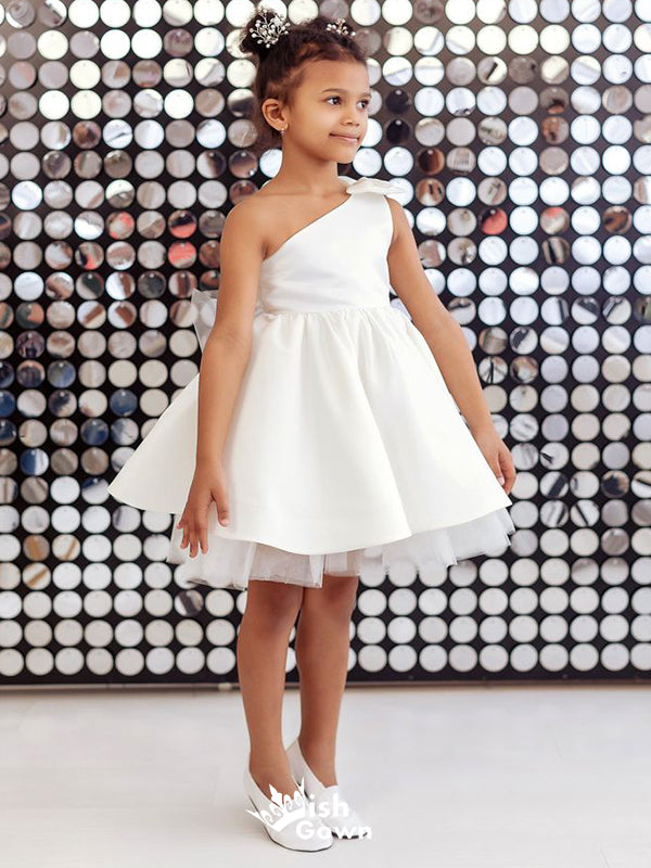 Cute Straps One Shoulder Sleeveless Short Front Long Back Applique Little Long Flower Girl Dresses, Wedding Flower Girl Dresses, FGD041