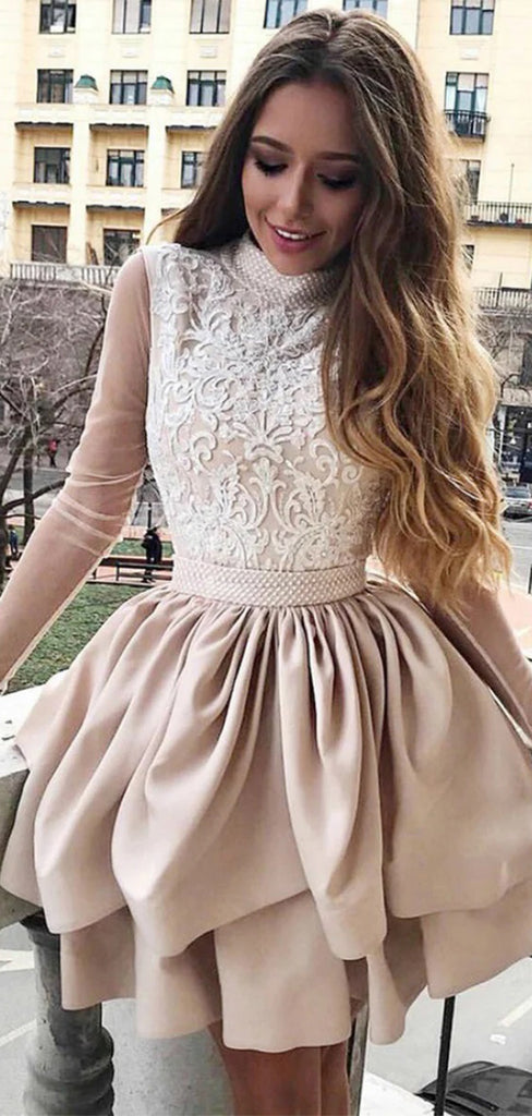 Elegant Pink Long Sleeve Ball Gown Lace Popular Cheap Short Homecoming Dresses, EPT287