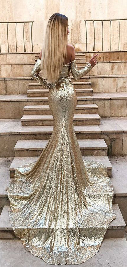 Charming Golden Mermaid Long Sleeve Popular Long Evening Dresses, Formal Dresses, Birthday Party, WGP557