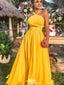 Elegant Yellow Halter Strap A-Line Long Sleeveless Long Party Prom Dresses,Evening Dress Online, WGP796