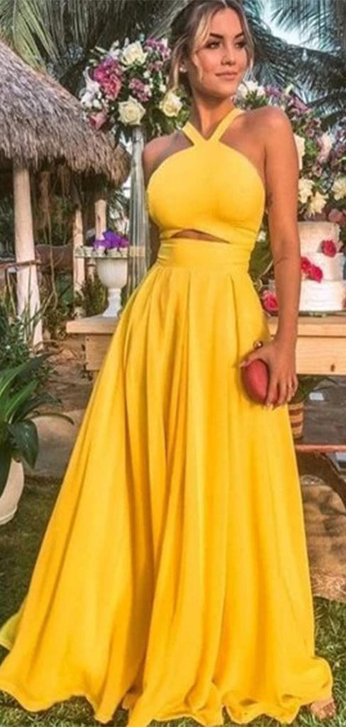 Elegant Yellow Halter Strap A-Line Long Sleeveless Long Party Prom Dresses,Evening Dress Online, WGP796