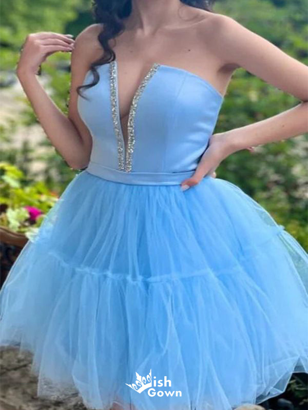 Elegant Blue V-Neck A-line sleeveless Popular Cheap Short Homecoming Dresses, EPT195