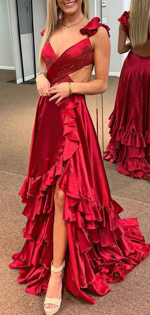 Sexy Red A-Line V-neck Side Slit Popular Long Evening Dresses with Trailing, Formal Dresses, Birthday Party, WGP568