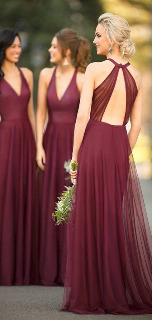 Elegant Red V-Neck A-Line Open Back Sleeveless Wedding Guest Bridesmaid Dresses,WGM390