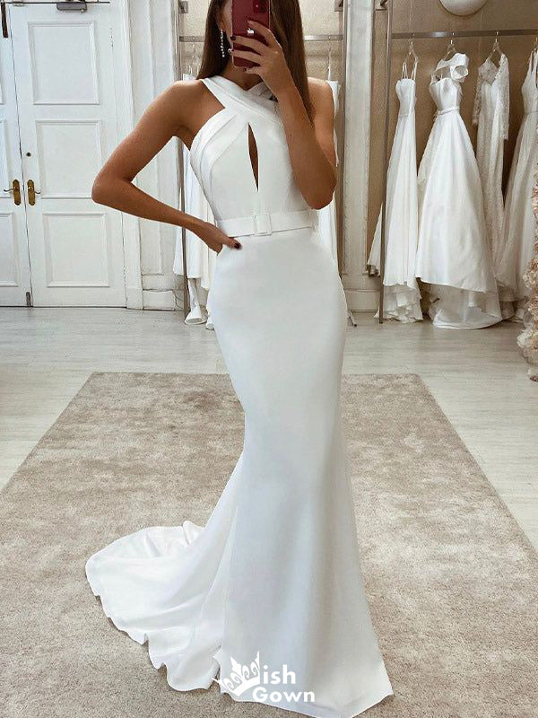 Unique Mermaid Halter Sleeveless With Train Popular Bridal Long Wedding Dresses, WDH114