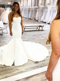 Simple Mermaid Strapless Sleeveless With Train Popular Bridal Long Wedding Dresses, WDH115