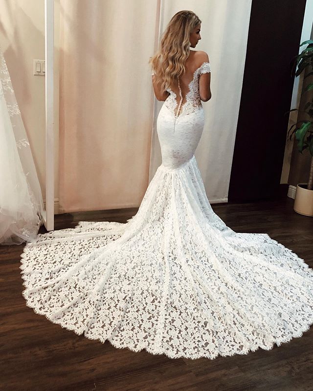 Sexy Mermaid Off Shoulder V Neck Sleeveless With Trailing Applique Popular Bridal Long Wedding Dresses, WDH126