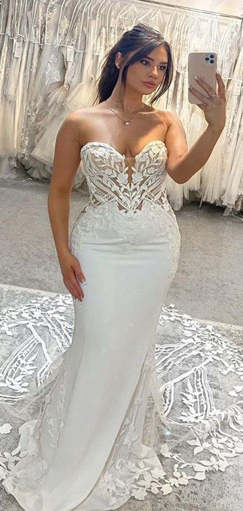 Charming Mermaid Sleeveless With Trailing Lace Popular Bridal Long Wedding Dresses, WDH134