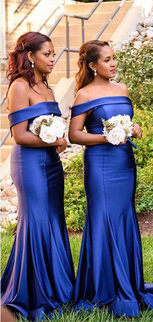 Elegant Blue Mermaid Off Shoulder Popular Cheap Maxi Long Wedding Guest Bridesmaid Dresses,WGM290