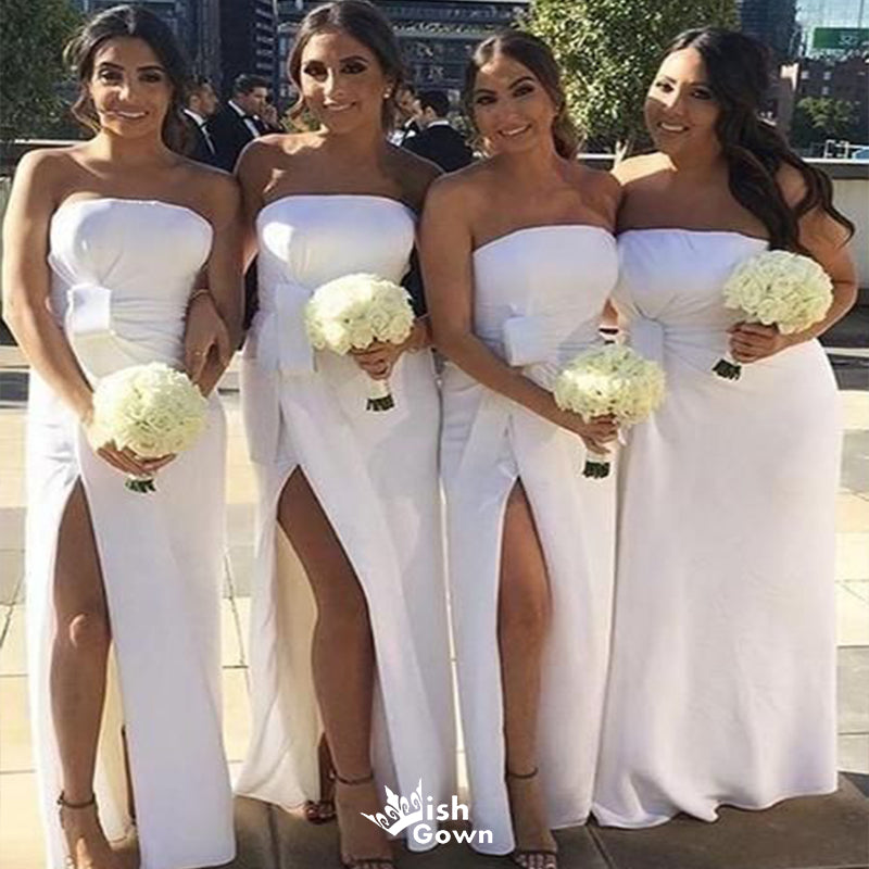 Charming White Mermaid Strapsless Sleeveless Side Slit Popular Cheap Maxi Long Wedding Guest Bridesmaid Dresses,WGM313