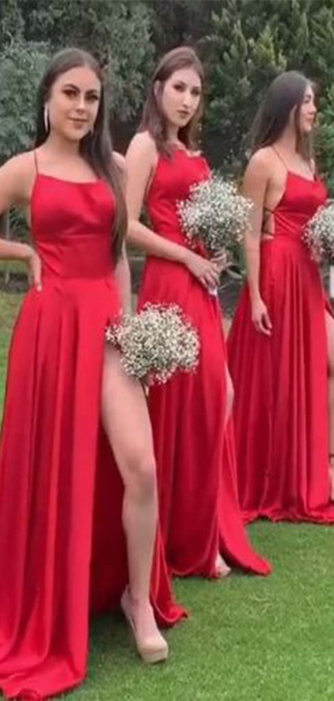 Sexy Red Spaghetti Straps Sleeveless Side Slit Popular Cheap Maxi Long Wedding Guest Bridesmaid Dresses,WGM335