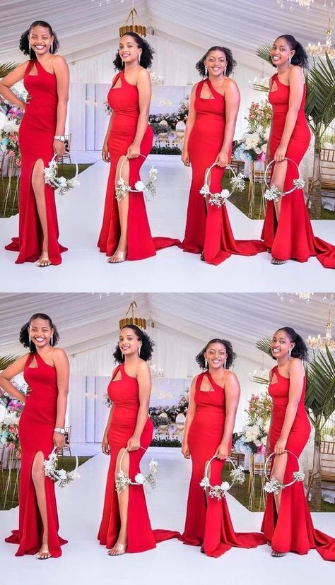 Unique Red Mermaid One Shoulder Sleeveless Side Slit Popular Cheap Maxi Long Wedding Guest Bridesmaid Dresses,WGM337