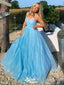 Charming Blue A-Line Spaghetti Straps V Neck Sequin Cheap Maxi Long Party Prom Gowns,Evening Dresses,WGP440