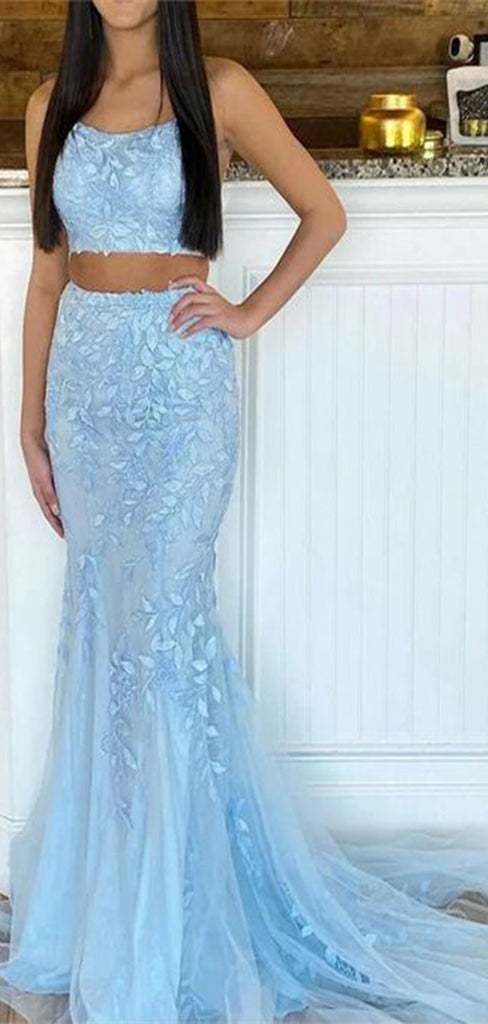 Elegant Two Pieces Light Blue Mermaid Spaghetti Straps Lace Up Lace Cheap Maxi Long Party Prom Gowns,Evening Dresses,WGP454