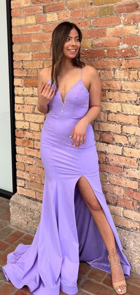 Gorgeous Purple Mermaid Spaghetti Straps V Neck Side Slit Sequin Cheap Maxi Long Party Prom Gowns,Evening Dresses,WGP457