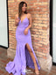 Gorgeous Purple Mermaid Spaghetti Straps V Neck Side Slit Sequin Cheap Maxi Long Party Prom Gowns,Evening Dresses,WGP457