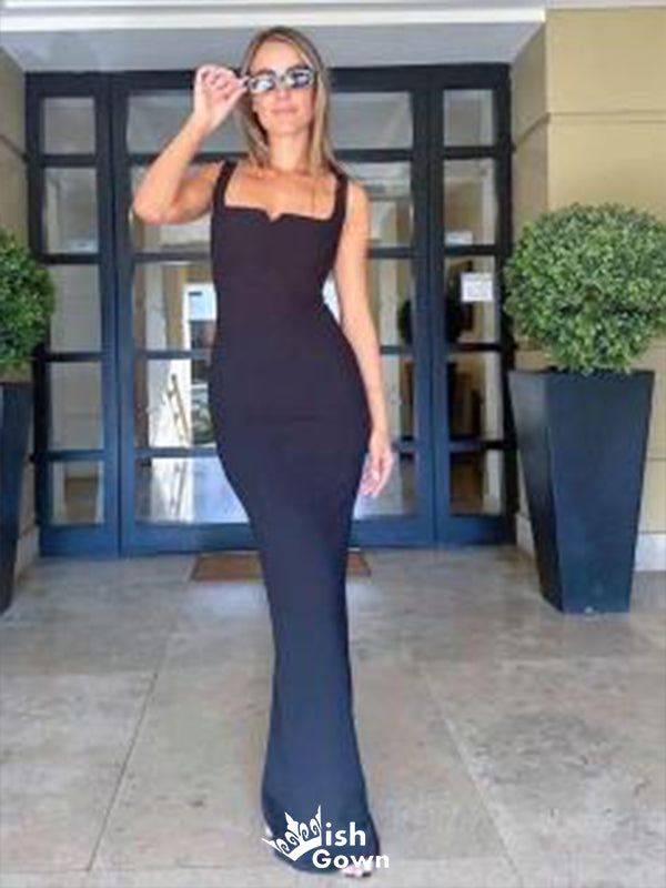 Sexy Black Mermaid Spaghetti Straps Square Sleeveless Cheap Maxi Long Party Prom Gowns,Evening Dresses,WGP462