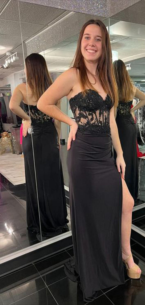 Charming Black Mermaid Sweetheart Sleeveless Side Slit Applique Cheap Maxi Long Party Prom Gowns,Evening Dresses,WGP466