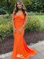 Sexy Orange Mermaid Spaghetti Straps V Neck Sleeveless Cheap Maxi Long Party Prom Gowns,Evening Dresses,WGP468