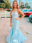 Gorgeous Light Blue Mermaid Spaghetti Straps Sleeveless Applique Cheap Maxi Long Party Prom Gowns,Evening Dresses,WGP475