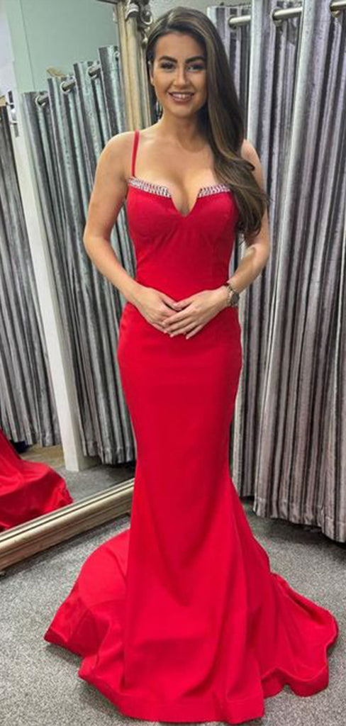 Sexy Red Mermaid Spaghetti Straps Sleeveless Beads Cheap Maxi Long Party Prom Gowns,Evening Dresses,WGP481