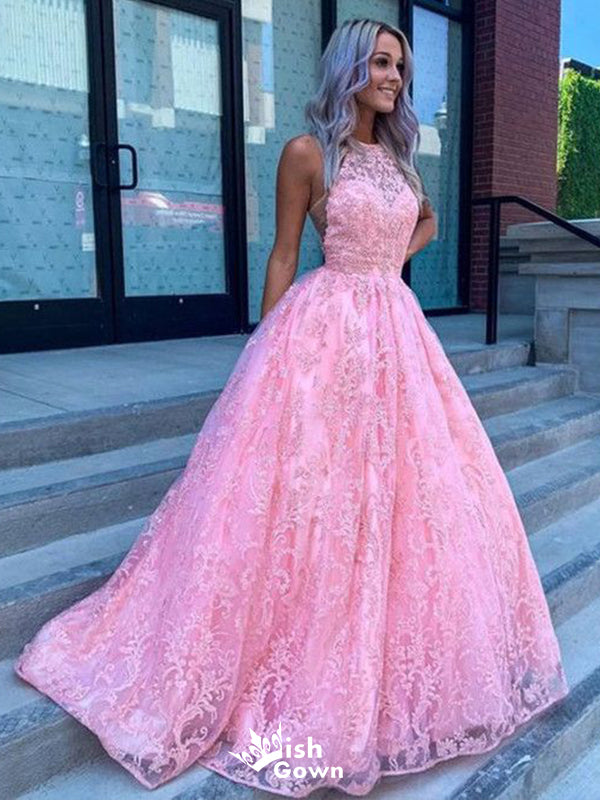 Elegant Pink A-line Jewel Sleeveless Lace Cheap Maxi Long Party Prom Gowns,Evening Dresses,WGP485