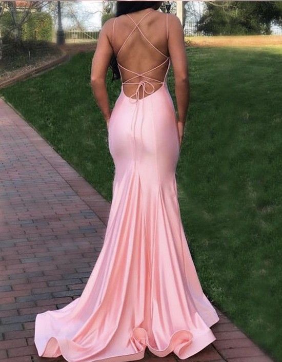 Sexy Pink Mermaid Spaghetti Straps V Neck Sleeveless Lace Up Cheap Maxi Long Party Prom Gowns,Evening Dresses,WGP498